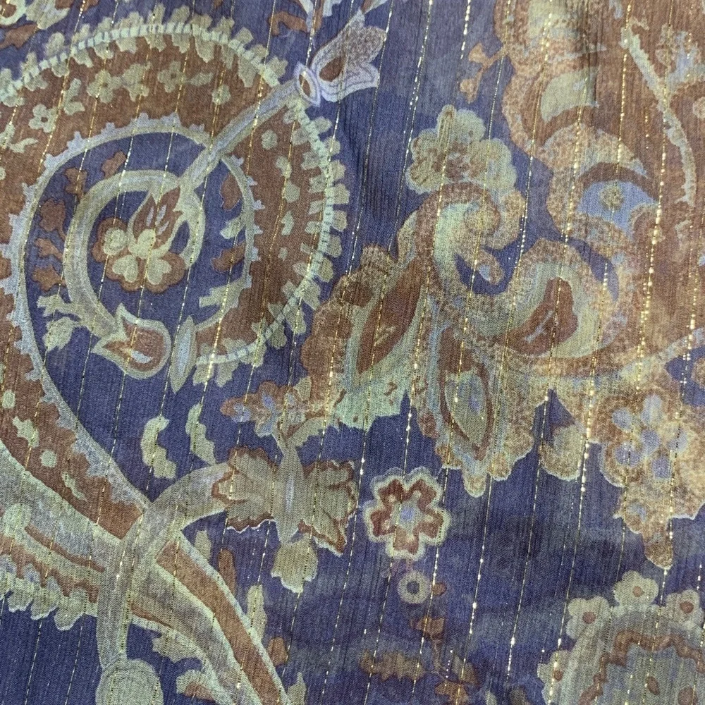 Echo silk scarf, purple with tan and ivory, paisley, print and metallic gold